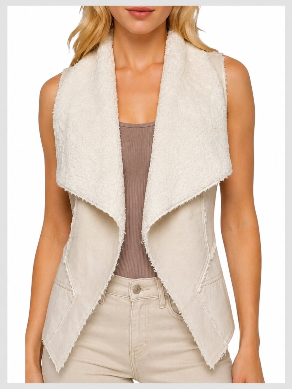 BlankNYC Faux Leather Shearling Vest Ivory Waterfall Open Front S